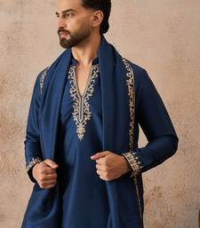 Mens blue silk blend solid embroidered kurta & trouser with dupatta