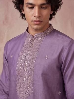 Mens lavender silk blend solid emboidered sequins kurta 2