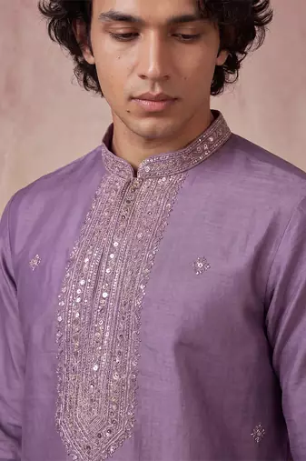 Mens lavender silk blend solid emboidered sequins kurta