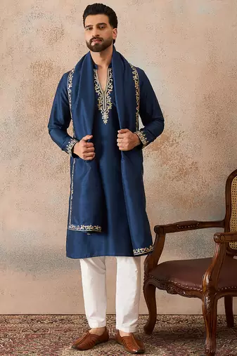 Mens blue silk blend solid embroidered kurta & trouser with dupatta