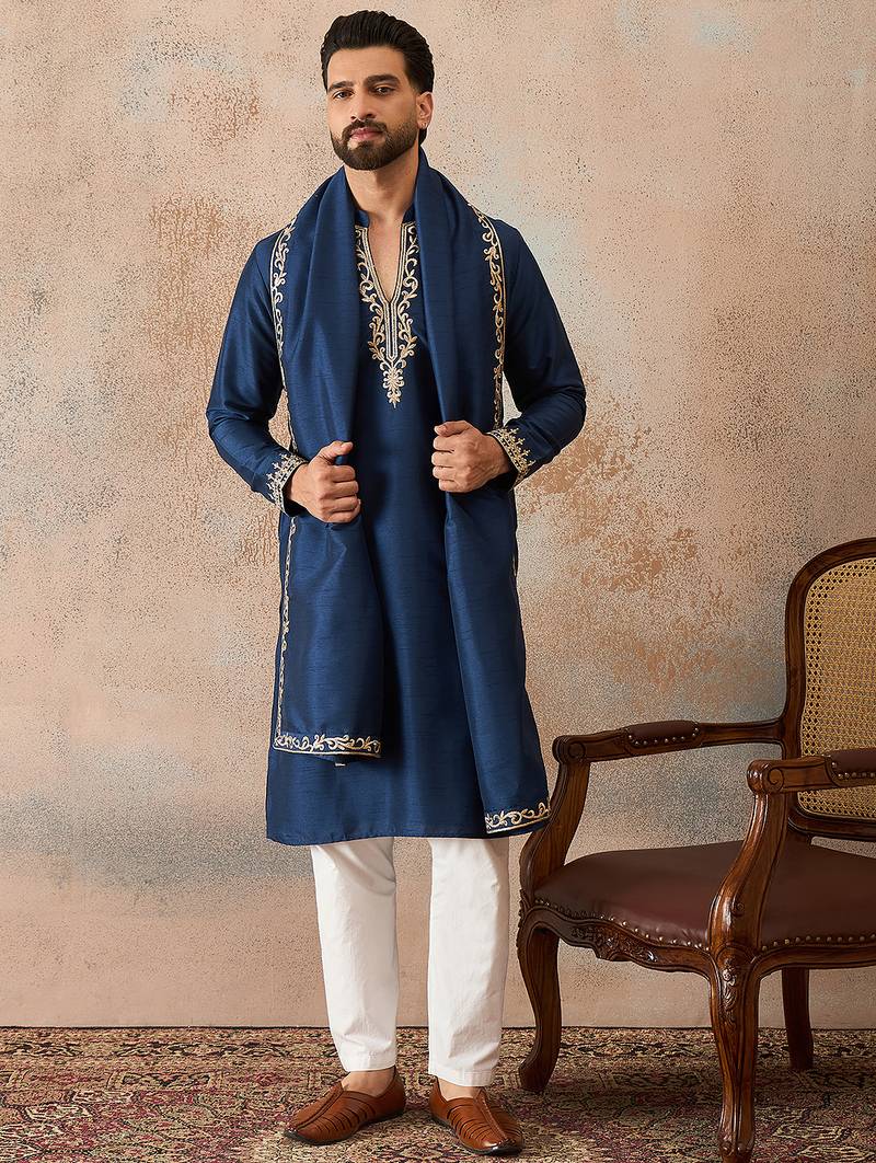 Mens blue silk blend solid embroidered kurta & trouser with dupatta