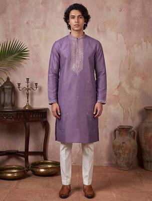 Mens lavender silk blend solid emboidered sequins kurta 3