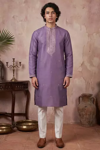 Mens lavender silk blend solid emboidered sequins kurta