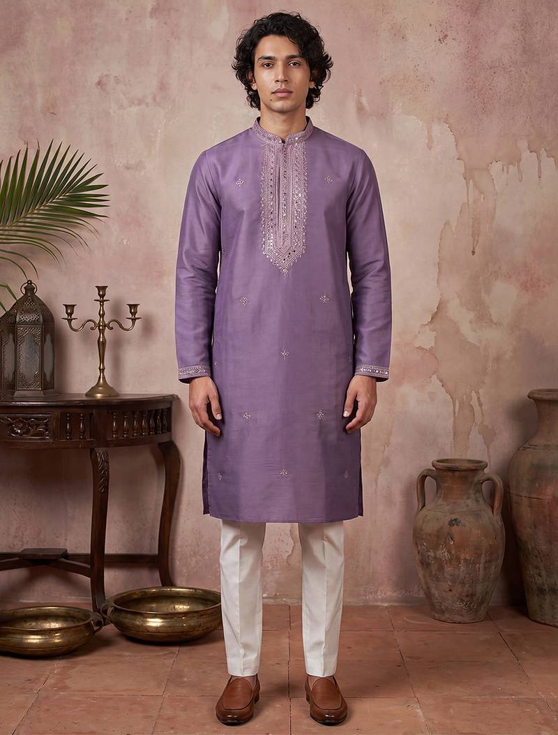 Mens lavender silk blend solid emboidered sequins kurta