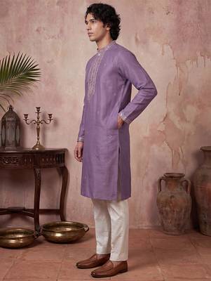 Mens lavender silk blend solid emboidered sequins kurta 4