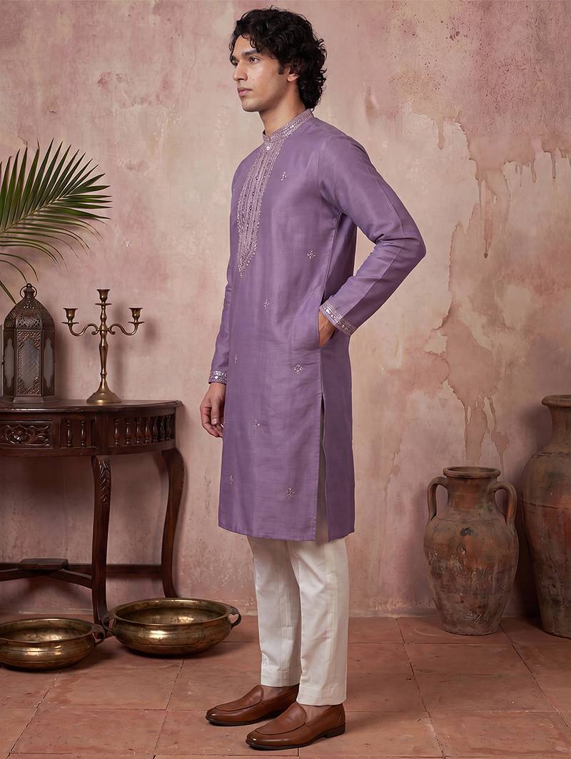 Mens lavender silk blend solid emboidered sequins kurta