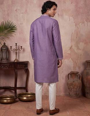 Mens lavender silk blend solid emboidered sequins kurta 5