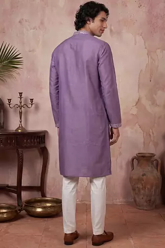 Mens lavender silk blend solid emboidered sequins kurta