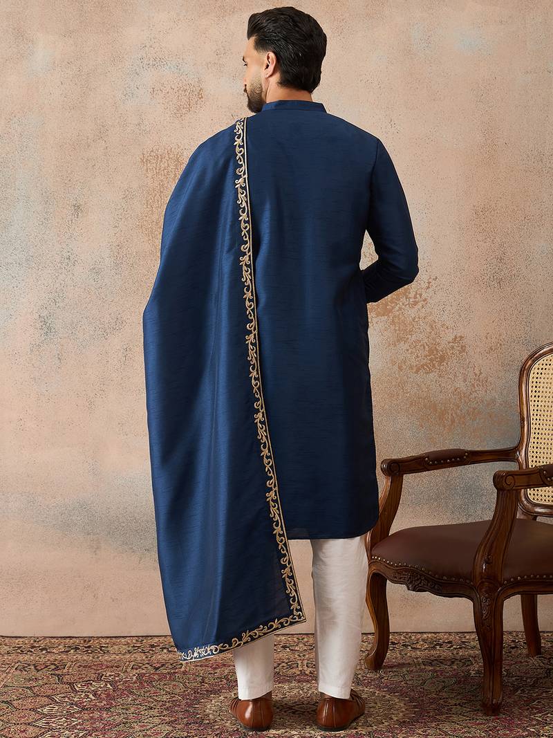 Mens blue silk blend solid embroidered kurta & trouser with dupatta