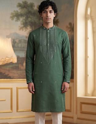 Mens green silk blend solid emboidered sequins kurta 1