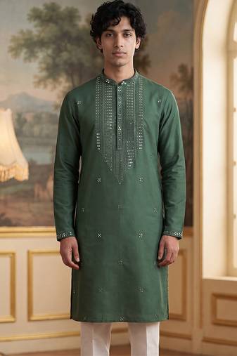 Mens green silk blend solid emboidered sequins kurta