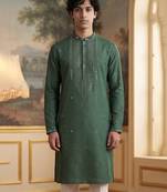 Mens green silk blend solid emboidered sequins kurta