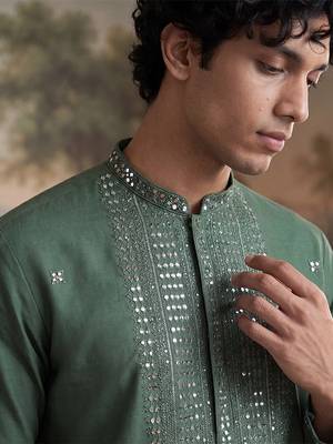 Mens green silk blend solid emboidered sequins kurta 2