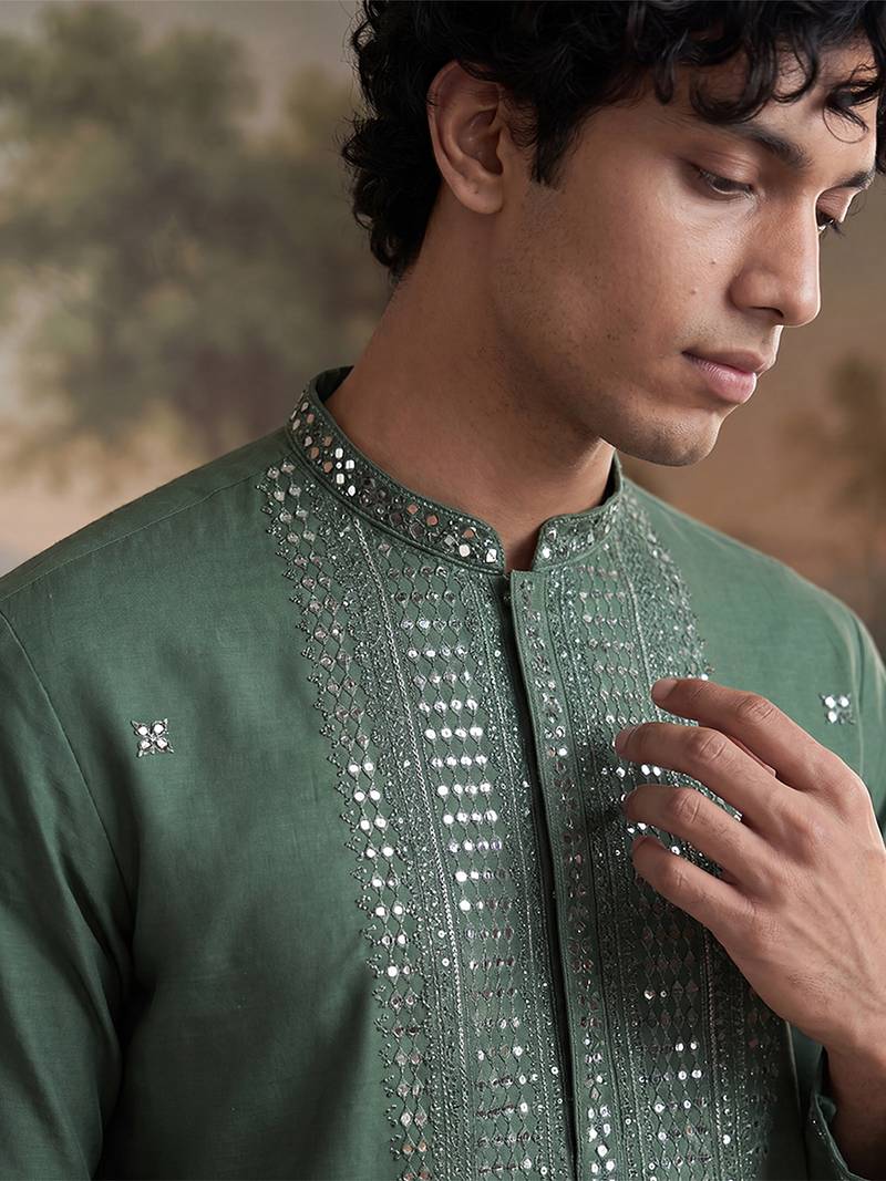 Mens green silk blend solid emboidered sequins kurta