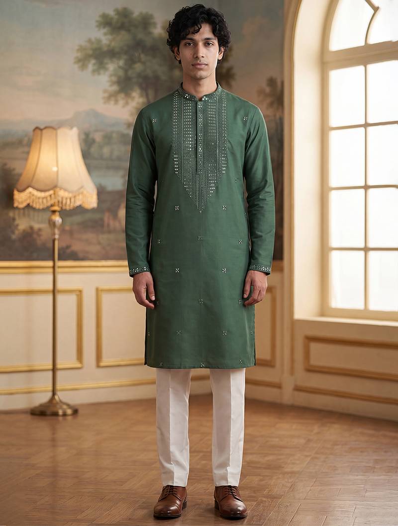 Mens green silk blend solid emboidered sequins kurta