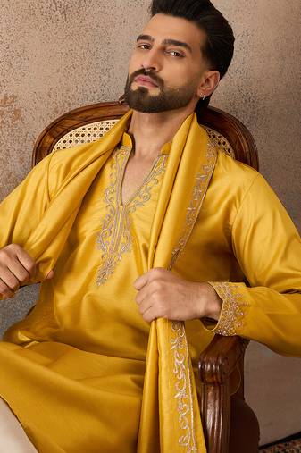 Mens yellow silk blend solid embroidered kurta & trouser with dupatta