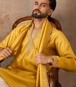 Mens yellow silk blend solid embroidered kurta & trouser with dupatta