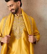 Men yellow silk blend embroidered ethnic kurta with trousers & dupatta