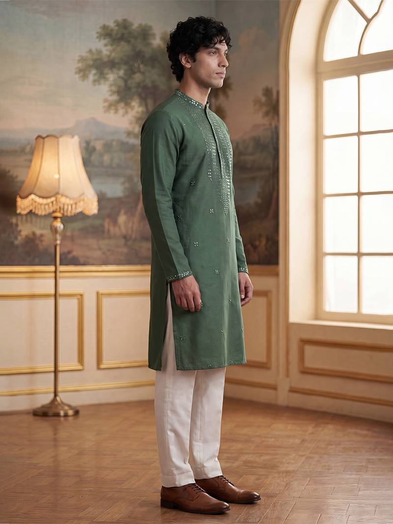 Mens green silk blend solid emboidered sequins kurta