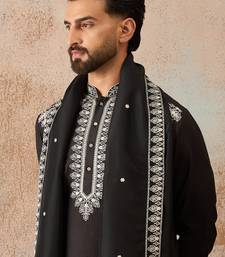 Mens black silk blend solid embroidered kurta & trouser with dupatta