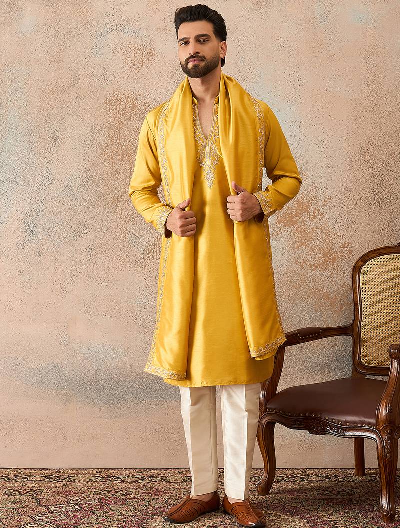 Mens yellow silk blend solid embroidered kurta & trouser with dupatta
