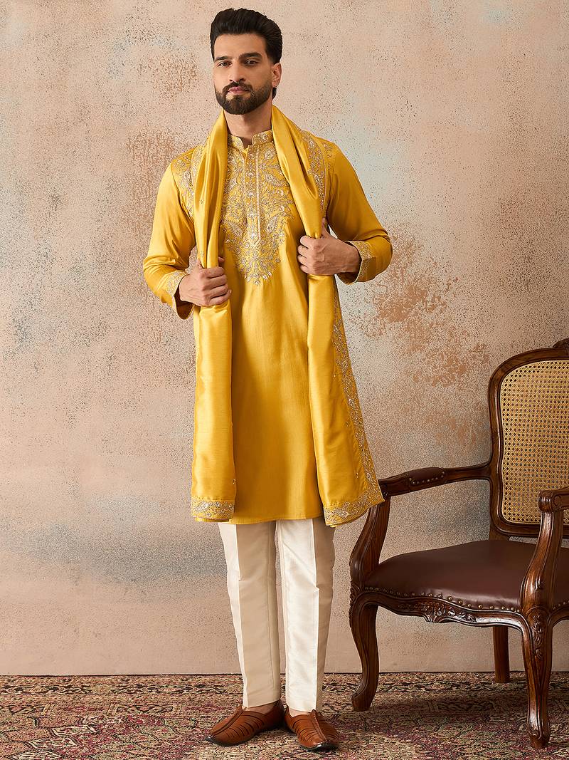 Men yellow silk blend embroidered ethnic kurta with trousers & dupatta
