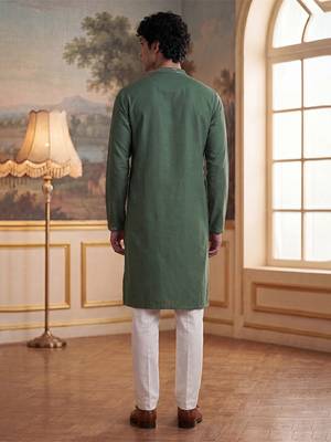 Mens green silk blend solid emboidered sequins kurta 5