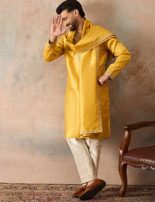 Mens yellow silk blend solid embroidered kurta & trouser with dupatta 3