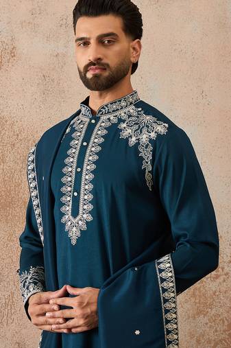 Mens blue silk blend solid embroidered kurta & trouser with dupatta
