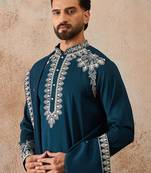 Mens blue silk blend solid embroidered kurta & trouser with dupatta