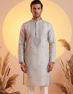 Mens grey silk blend solid emboidered sequins kurta 1