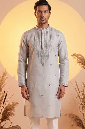 Mens grey silk blend solid emboidered sequins kurta