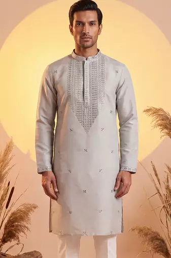 Mens grey silk blend solid emboidered sequins kurta
