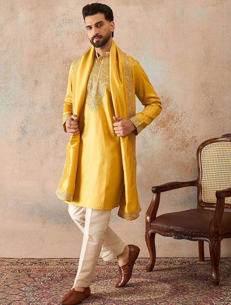 Men yellow silk blend embroidered ethnic kurta with trousers & dupatta