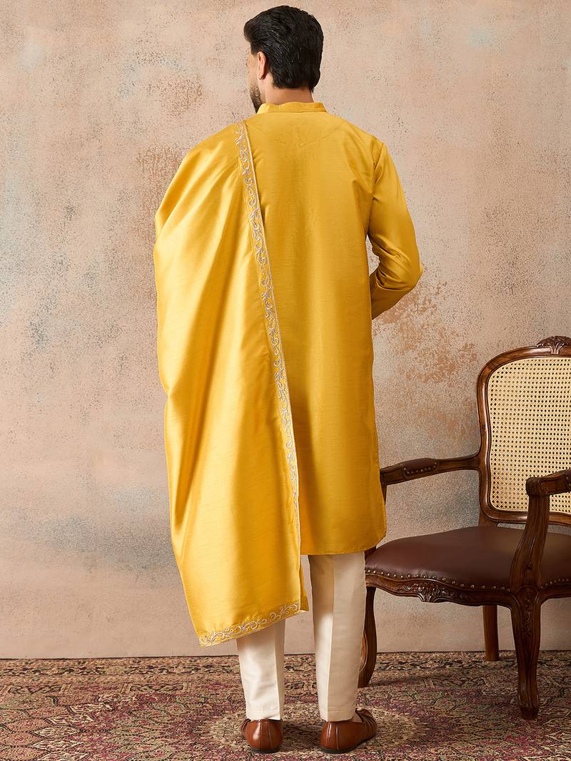 Mens yellow silk blend solid embroidered kurta & trouser with dupatta