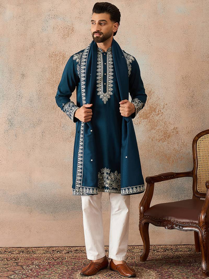 Mens blue silk blend solid embroidered kurta & trouser with dupatta