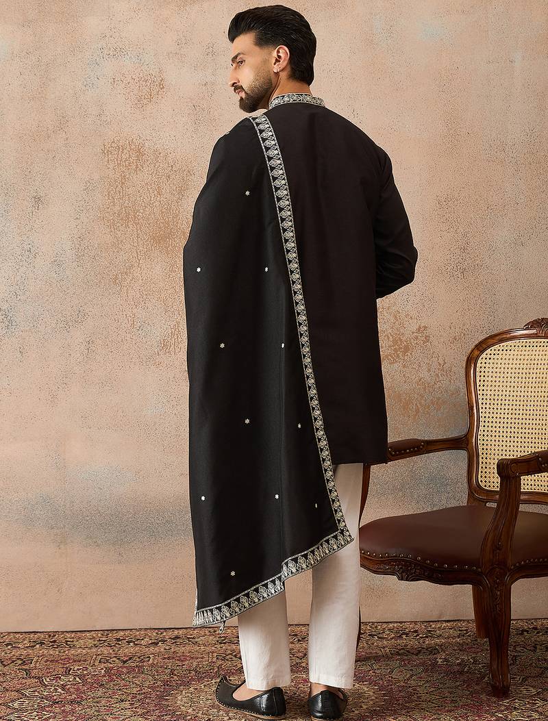 Mens black silk blend solid embroidered kurta & trouser with dupatta