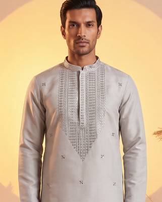 Mens grey silk blend solid emboidered sequins kurta 2