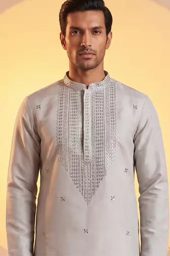 Mens grey silk blend solid emboidered sequins kurta