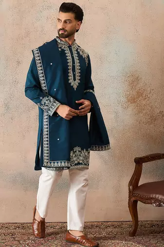 Mens blue silk blend solid embroidered kurta & trouser with dupatta