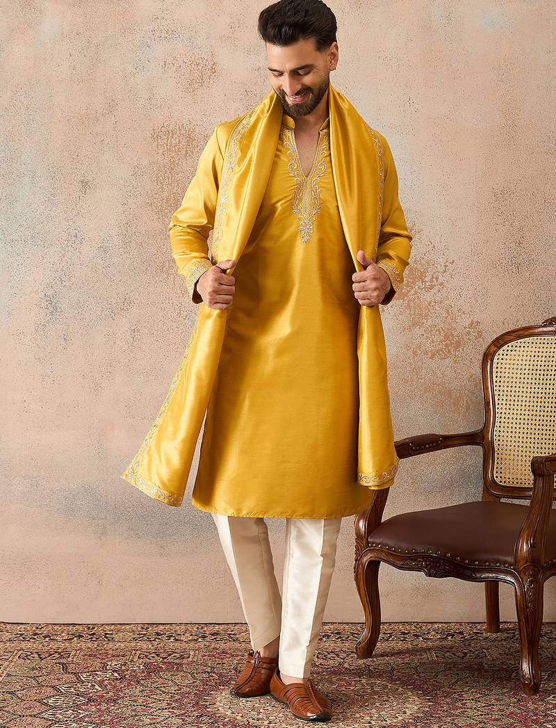 Mens yellow silk blend solid embroidered kurta & trouser with dupatta