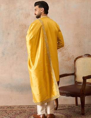 Men yellow silk blend embroidered ethnic kurta with trousers & dupatta 4