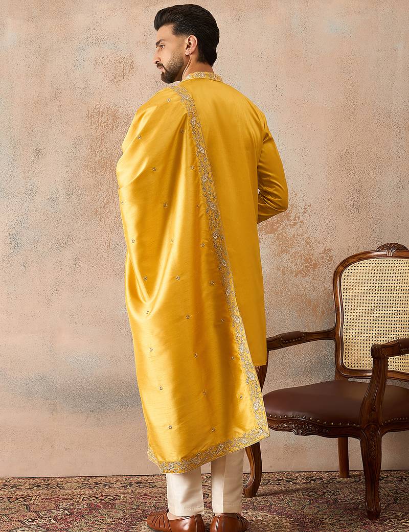 Men yellow silk blend embroidered ethnic kurta with trousers & dupatta