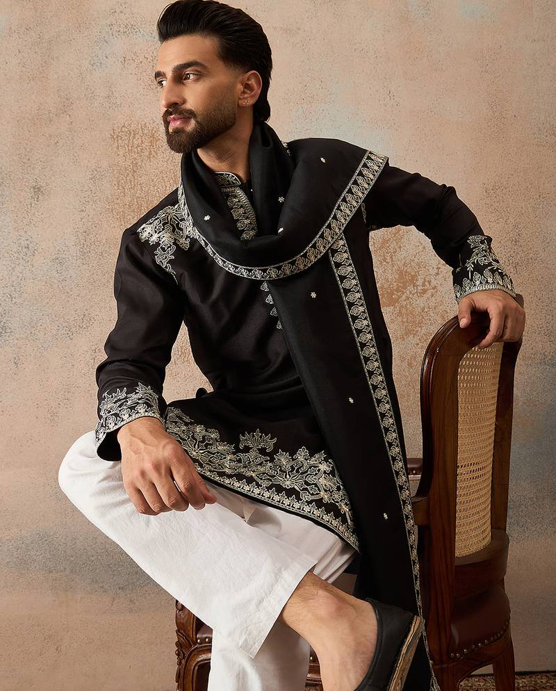 Mens black silk blend solid embroidered kurta & trouser with dupatta