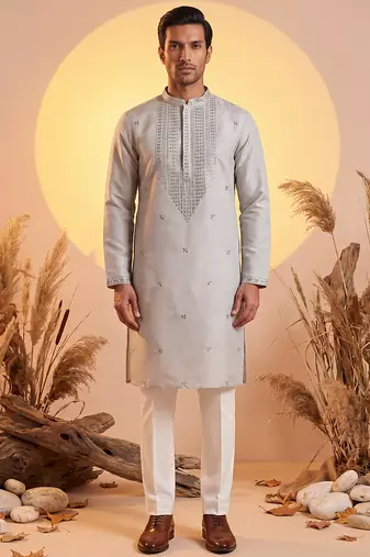 Mens grey silk blend solid emboidered sequins kurta