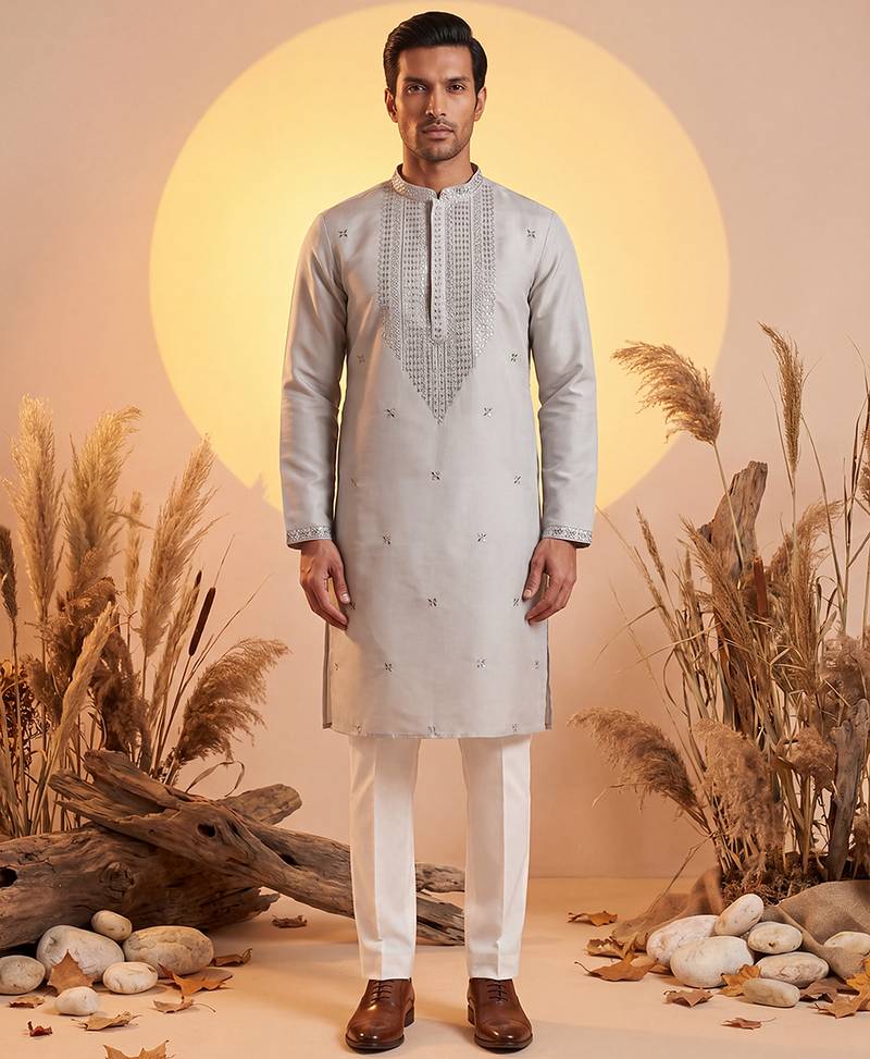 Mens grey silk blend solid emboidered sequins kurta