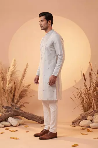 Mens grey silk blend solid emboidered sequins kurta