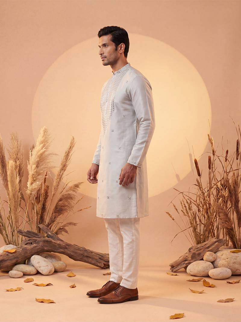 Mens grey silk blend solid emboidered sequins kurta