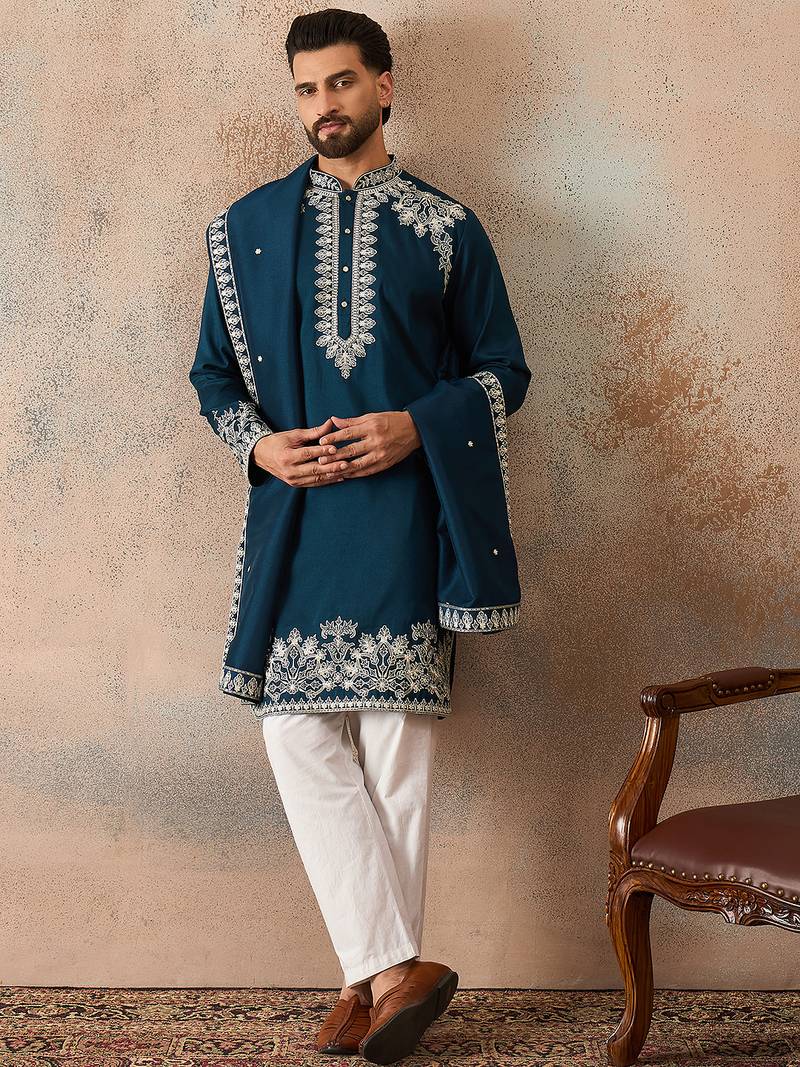 Mens blue silk blend solid embroidered kurta & trouser with dupatta