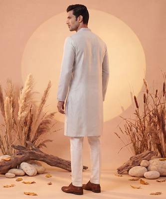Mens grey silk blend solid emboidered sequins kurta 5
